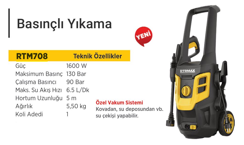 RTRMAX RTM708 YÜKSEK BASINÇLI YIKAMA 1600W 130 BAR